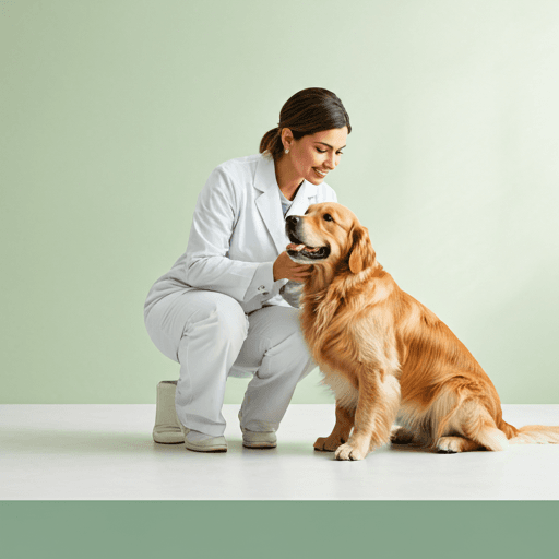 Carla Casas interactuando con un Golden Retriever de pelaje brillante en un estudio luminoso y moderno