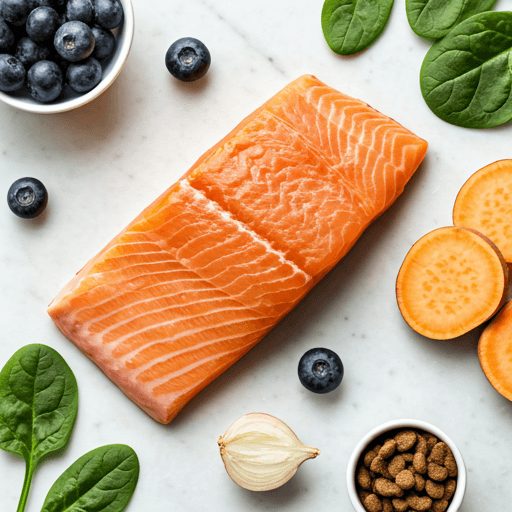 Ingredientes frescos para nutrición animal: salmón crudo, boniato, arándanos y espinacas sobre mármol claro