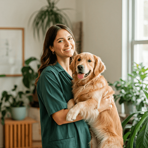 Carla Casas, nutricionista animal, sonriendo mientras sostiene a un Golden Retriever sano en un despacho luminoso y moderno