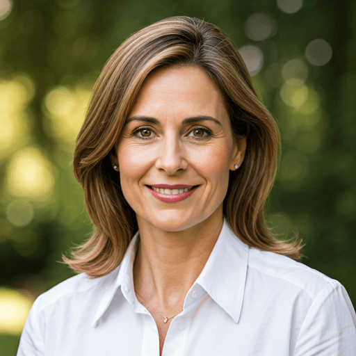 Retrato de Elena Martínez, dueña de Toby, sonriendo en un jardín soleado
